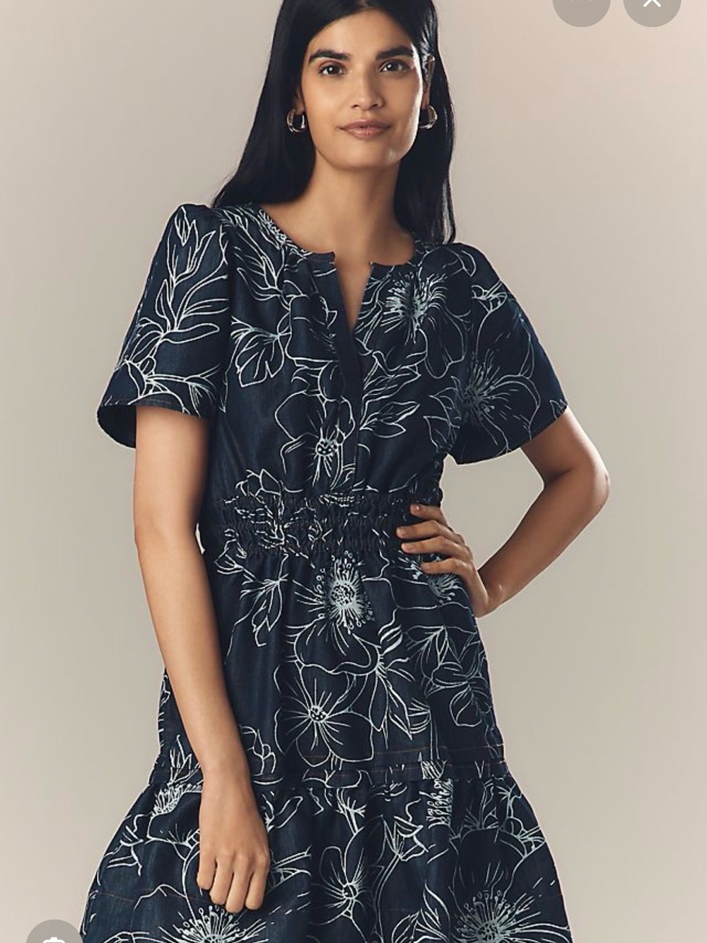 Anthropologie Navy Floral-Outline Tiered Midi Dress